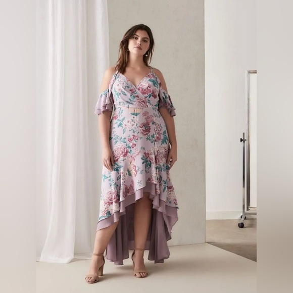 Pink floral off-the-shoulder hi-lo flounce dress - Picture 3 of 3